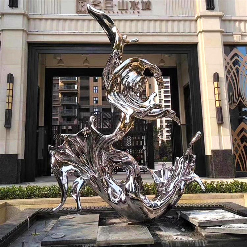 大型不锈钢雕塑定制金属月亮水景观浪花动物园林校园异形镜面摆件