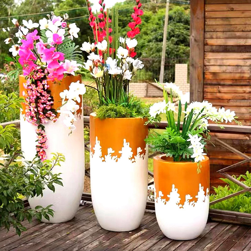 玻璃钢花盆组合三角几何造型户外商场美陈花瓶装饰落地大花盆花钵