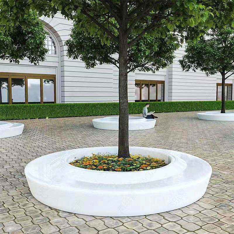 圆形玻璃钢树池坐凳商场公共区域花盆组合座椅木纹面花坛休闲坐凳